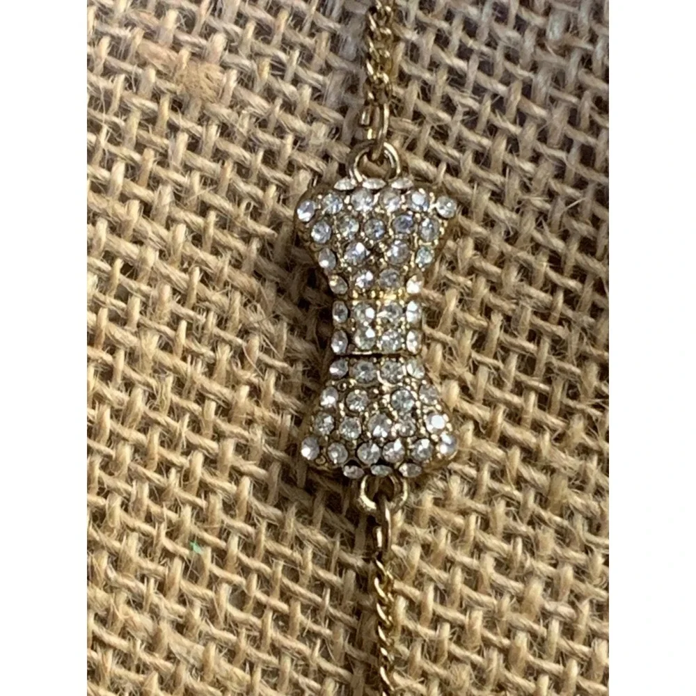 Gold Tone Rhinestone Bow Station Long Opera Chain Necklace 36 Inch 3466